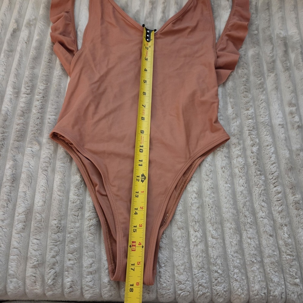 Aerie Ruffle Shoulder Deep V One Piece Swimsuit Coral Terracotta Orange XS - Picture 4 of 10